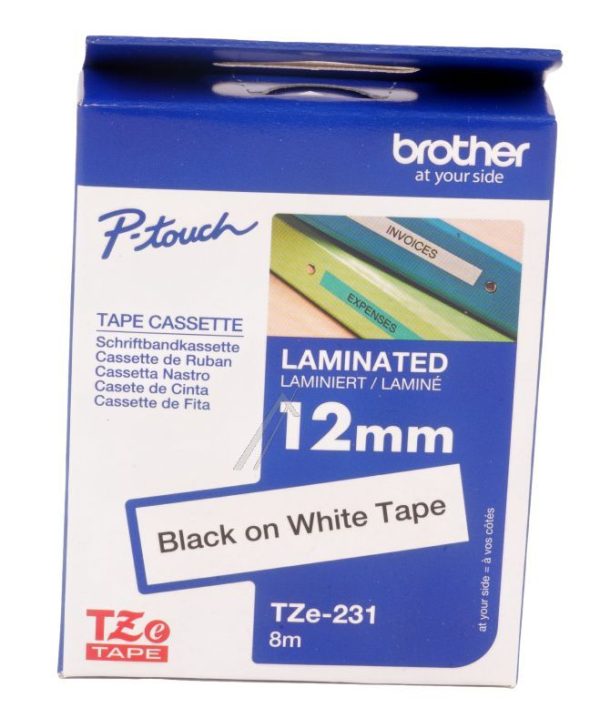 TZE-231 TAPE-CASSETTE,  ZWART OP WIT,  12MM /  8MTR.