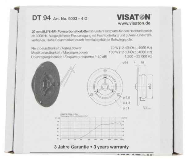 DT94 9003 HIFI DOME-TWEETER Ø 9,4CM,  CONUS 20MM,  50W/ 80W,  4 OHM