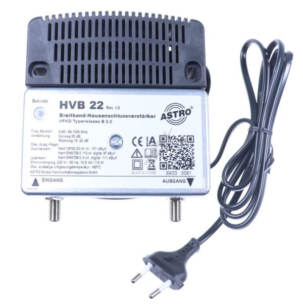 HVB 22 00217369 BREITBANDVERSTÄRKER MIT 65MHZ RÜCKWEG,  VORWEG BIS 1006MHZ,  VERSTÄRKUNG VORWEG 25DB,  AUSGANGSPEGEL VORWEG 97DBΜV,  INT